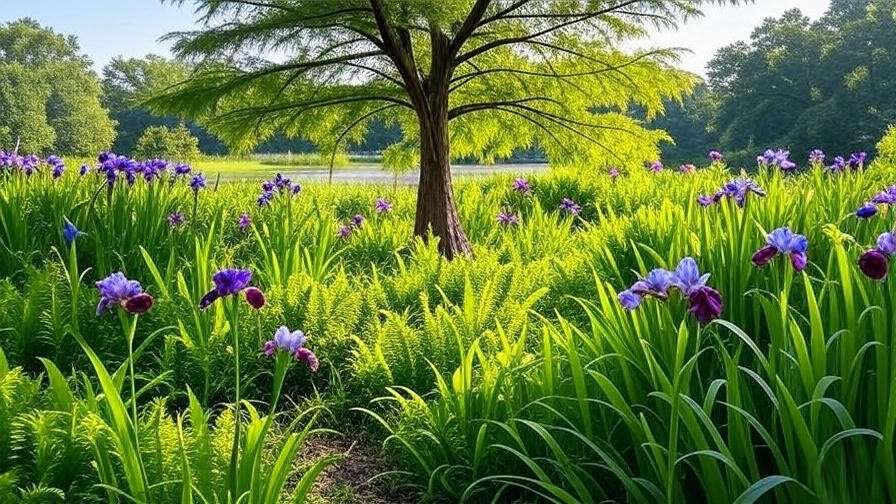 "Mature bald cypress tree with irises and ferns in Louisiana backyard landscape design"