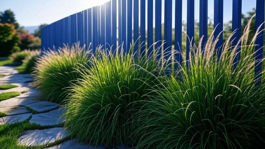 "Blue Spruce privacy screen with ornamental grasses and stone path in a lush garden design."