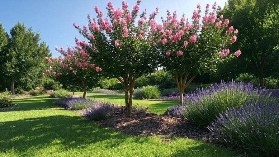 Garden design with pink crape myrtle trees and companion plants like lavender.