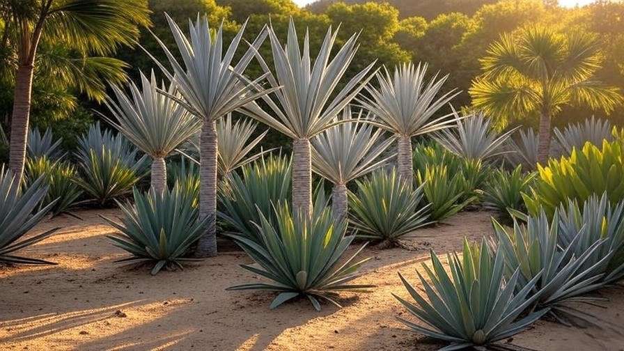 'Cluster of silver palm trees with agaves in a tropical garden during golden hour.'