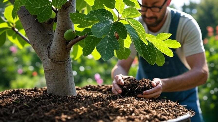 Gardener adding compost to soil around a healthy brown fig tree in a lush garden".