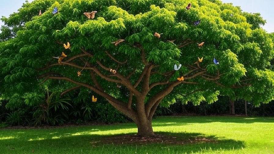 Mature guanacaste tree with birds, butterflies, and bees in a lush backyard ecosystem."