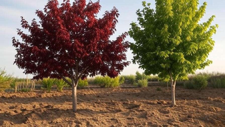 Tree with red leaves due to drought stress next to healthy green tree"