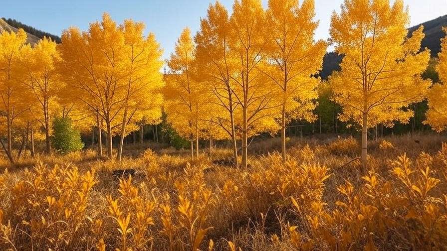 Autumn aspen grove with golden leaves under a clear blue sky"