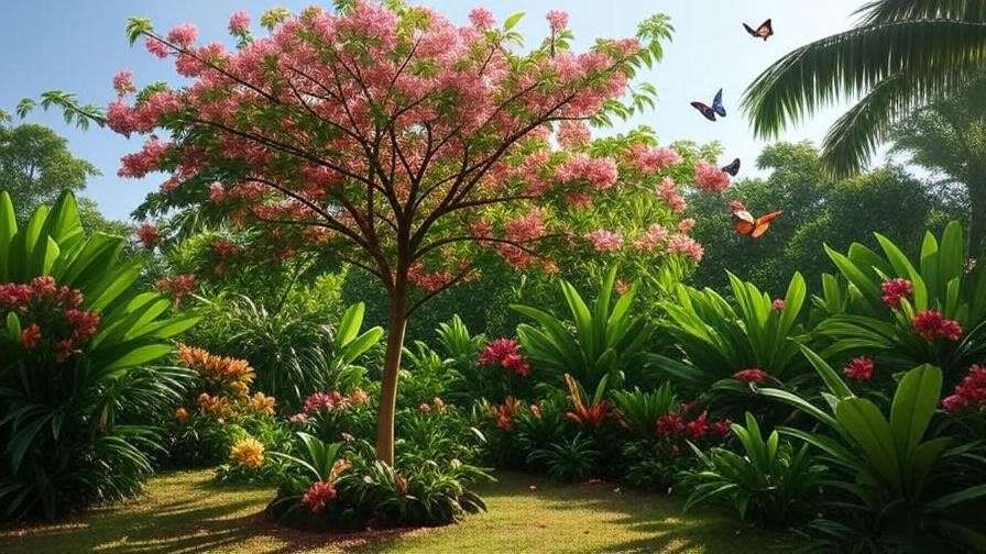 Jamaican cherry tree attracting butterflies and birds in a tropical garden with diverse greenery."