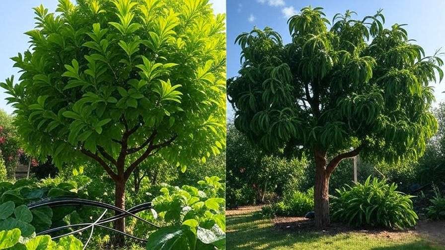 Comparison of healthy tree with drip irrigation vs stressed tree"