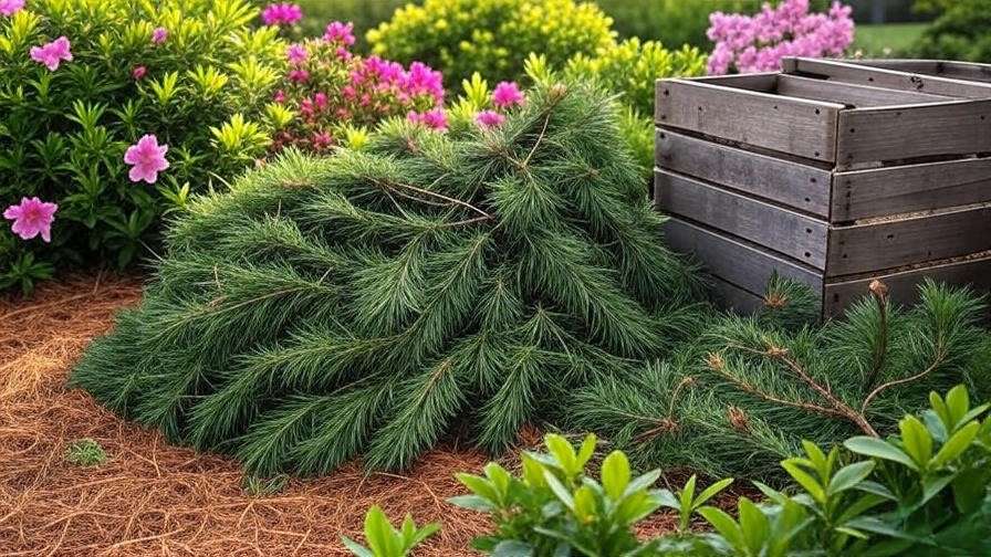 Garden scene with pruned pine branches near a compost bin and pine needle mulch around plants, highlighting eco-friendly pruning practices.