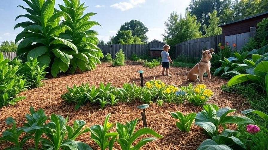 Tobacco tree in a safe garden with mulch and safety sign away from pets and children.