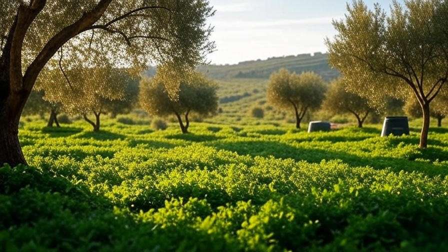 "Sustainable olive grove with cover crops and compost bin
