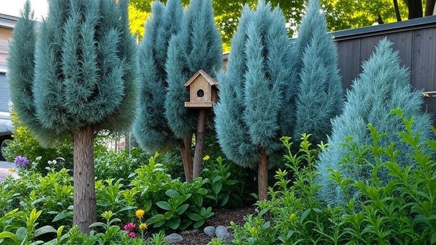 Moonglow Juniper trees with a birdhouse in a small urban garden attracting wildlife".