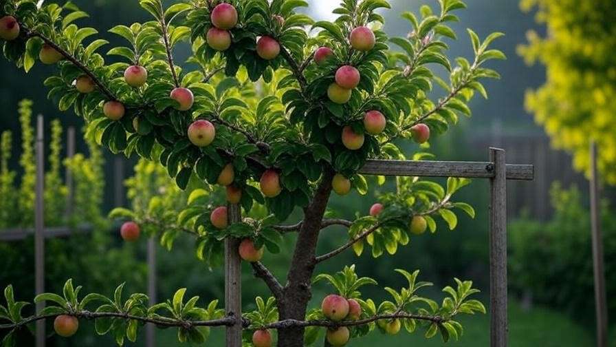 Espalier-trained apple tree with fruit on trellis in small garden