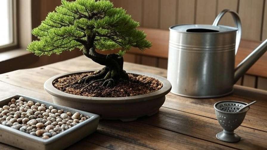 "Bald cypress bonsai with watering can and humidity tray on wooden table".