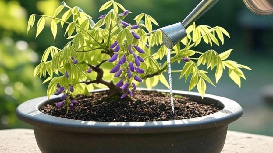 Wisteria bonsai being watered outdoors in full sunlight with a watering can.