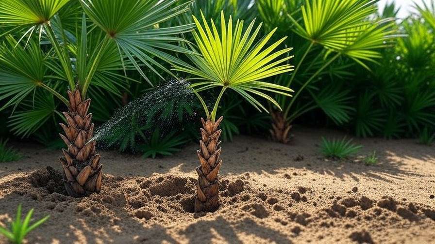 Palm tree watering with drip irrigation in a tropical Miami setting."