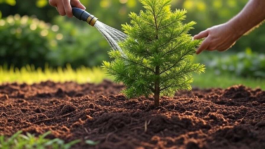Gardener watering a young Slender Hinoki Cypress with a soaker hose, surrounded by mulch in a healthy garden setting.