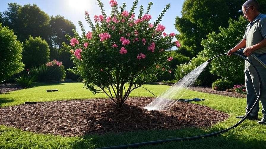 Well-maintained southern tree garden with mulch, watering, and pruning tools.