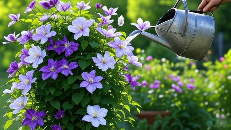 Watering alpine clematis plant with purple and white blooms in a lush garden."