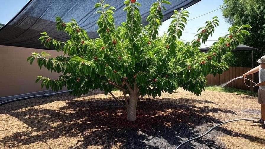 "Cherry tree with shade cloth and mulch being watered in a hot climate.