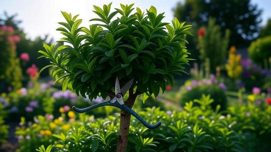 Tree peppermint pruning with shears for a balanced weeping shape in a garden."