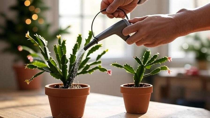 Step-by-step watering of a cactus Christmas tree with a narrow-spout can and drainage tray."