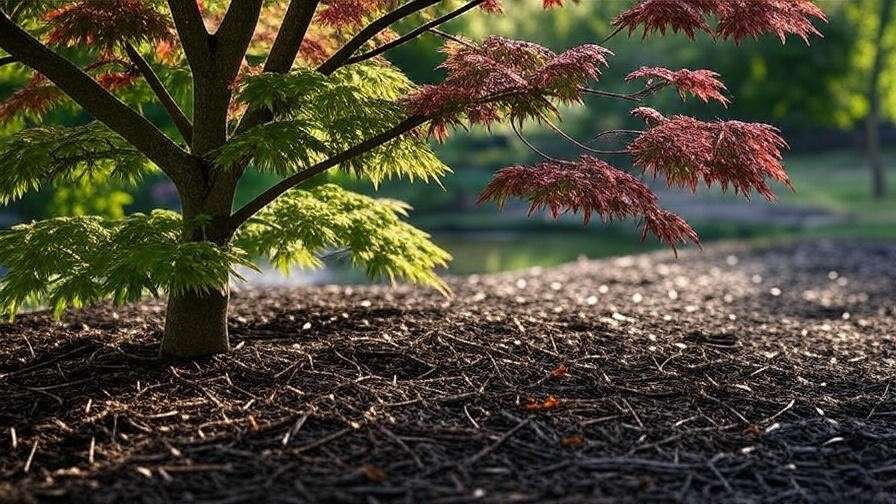 "Japanese laceleaf maple tree being watered gently with a hose in a mulched garden."