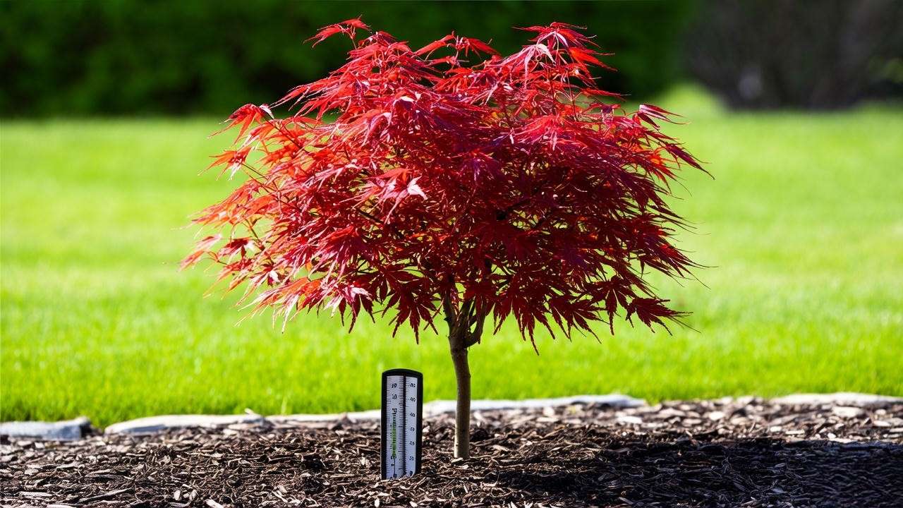 Miniature red maple tree with moisture meter for watering care."