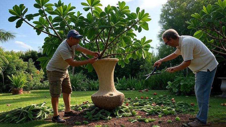 Gardener pruning a Panache fig tree to maintain an open vase-like structure in a garden".