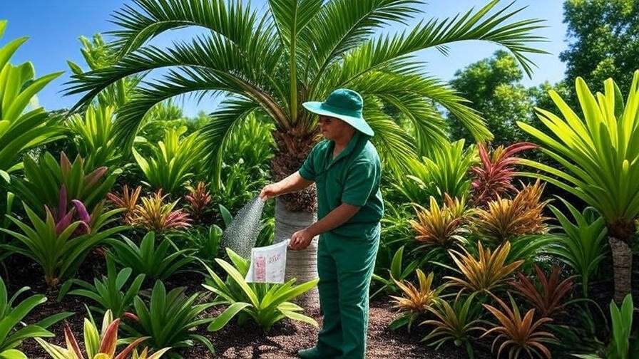 Gardener fertilizing a silver palm tree with bromeliads in a sunny tropical garden.'