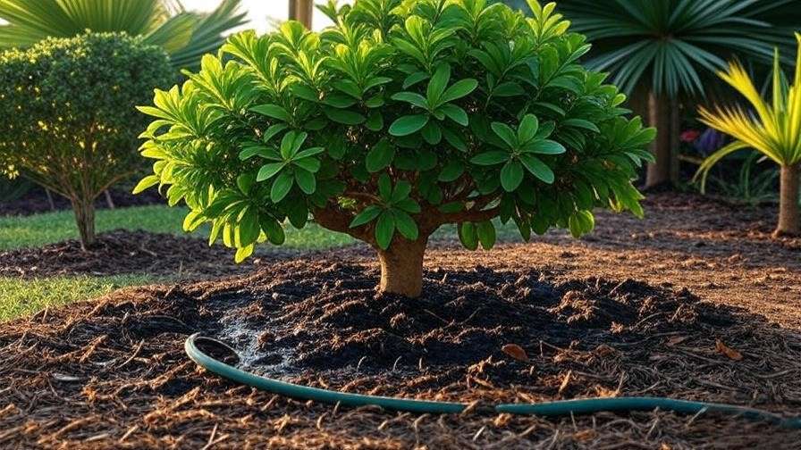 Tumbo tree being watered with mulch layer in a sunny tropical garden.