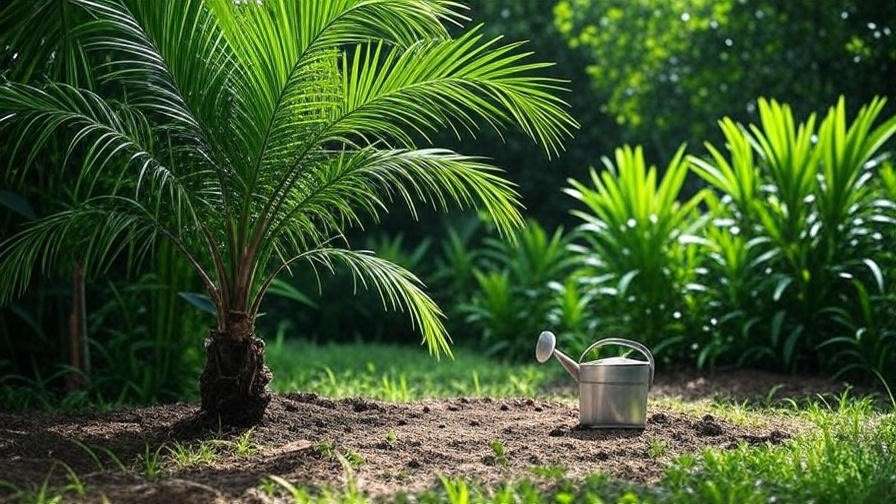 Black palm tree in well-draining soil with a watering can in a sunny tropical setting.