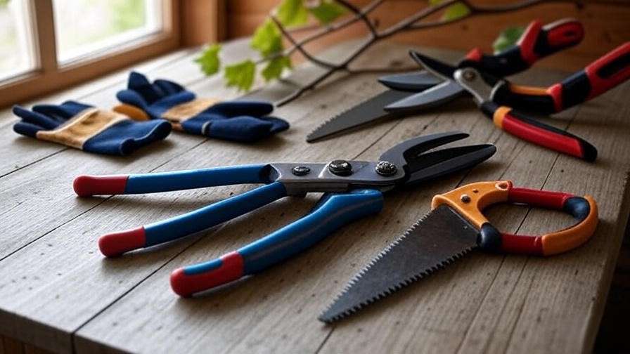 Display of pruning tools and safety gear with a maple branch in a garden shed.