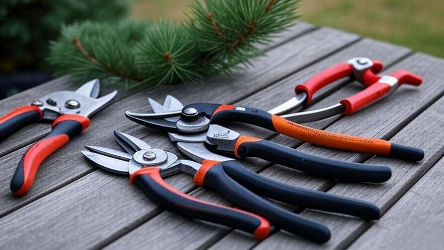 Array of pruning tools including hand pruners, loppers, and a pruning saw on a wooden table, ready for pine tree pruning.