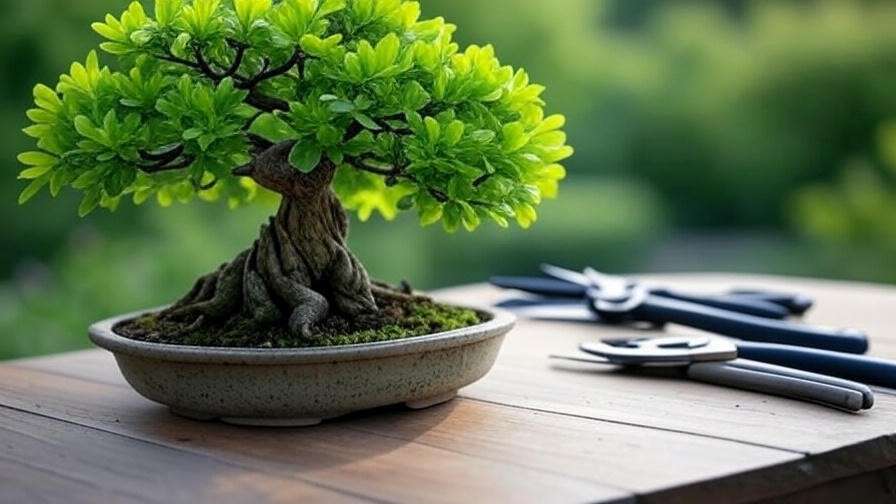 Close-up of a bonsai oak tree with pruning tools on a wooden table for care."