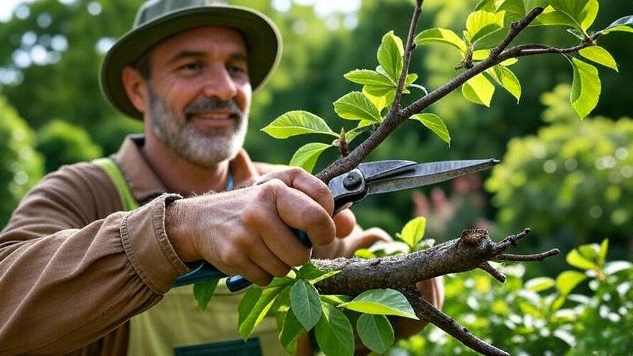 Gardener pruning cherry tree with sanitized shears, removing dead branch in lush garden."