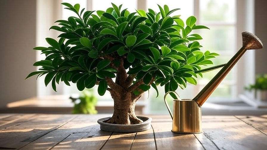 Healthy money tree with watering can and hygrometer for care routine".