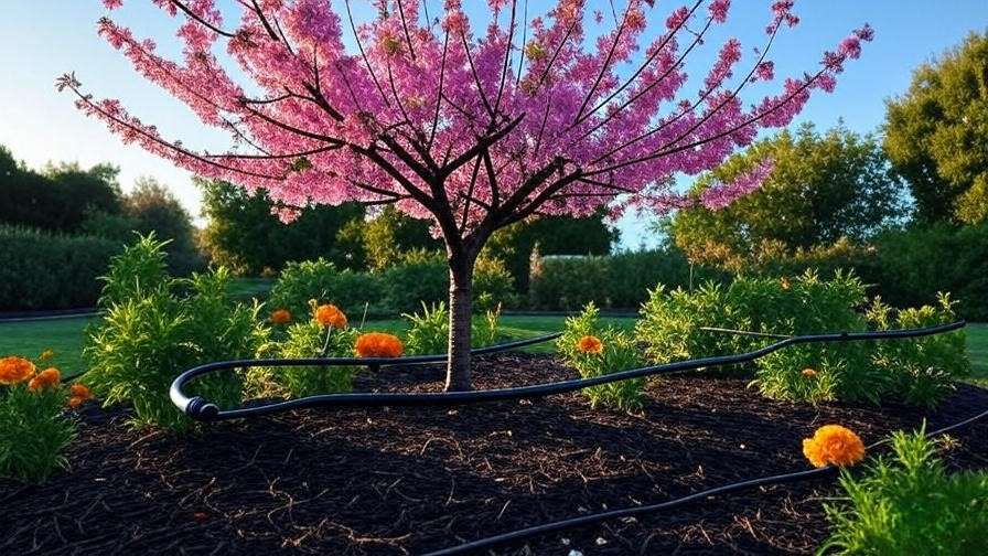 Cherry tree with drip irrigation system and mulch for proper watering routine."