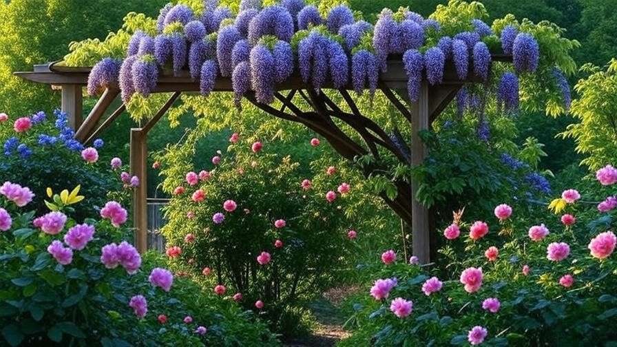 Flourishing blue wisteria tree with abundant blooms over a pergola in a vibrant garden."