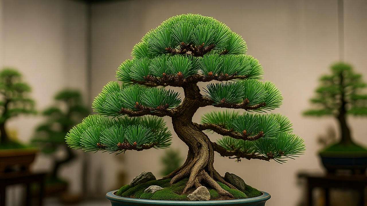 "Show-quality Picea bonsai with jin techniques in a glazed pot at an exhibition."