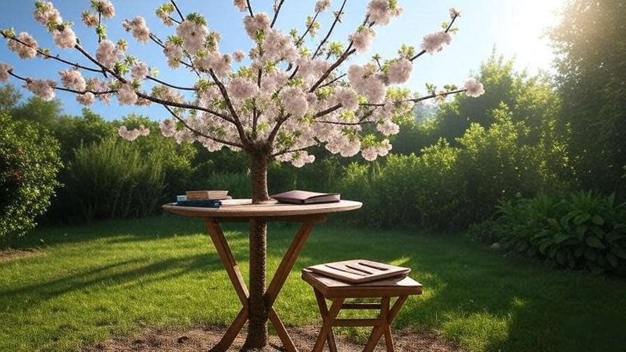 Healthy cherry tree in bloom with gardening books and notebook in a serene garden.