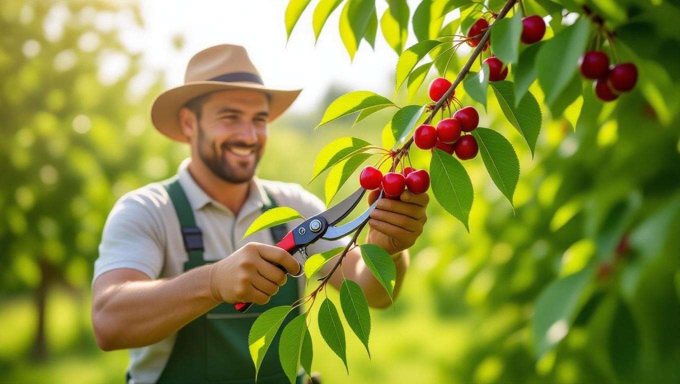 Gardener pruning a healthy cherry tree for better growth"