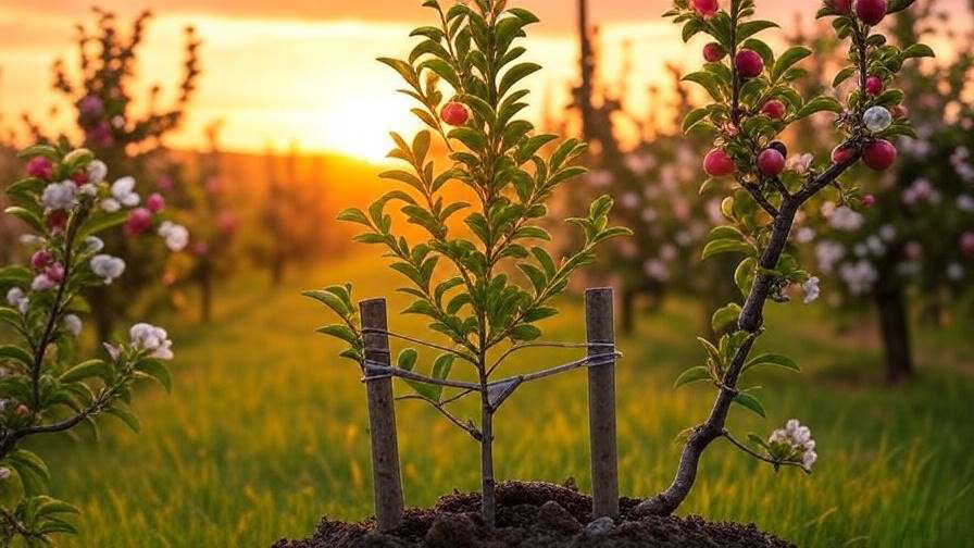 Young apple tree trained with stakes among blooming trees at sunset.