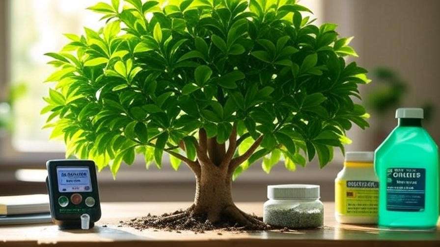 Healthy money tree with moisture meter and fertilizer for long-term care."