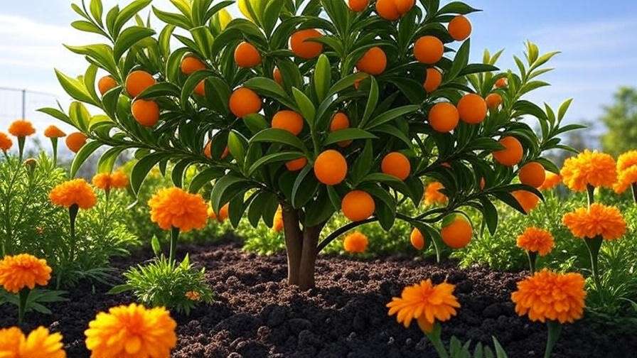 Hamlin orange tree with marigolds and bees in a sunny garden".