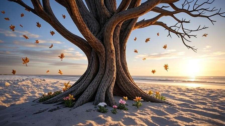 llustration of a driftwood tree with seasonal care icons in a coastal setting.