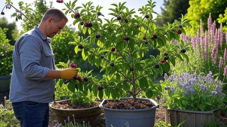Berries tree garden with companion plants and seasonal care practices in a sustainable setting."