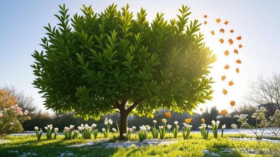 nfographic-style Olive Arbequina tree with seasonal care icons in a sunny garden"