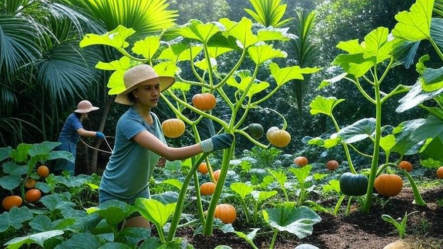 "Seasonal care of a pumpkin tree with pruning, watering, and winter protection."