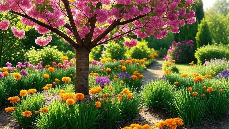 Cherry tree with marigolds and chives at its base in a thriving garden.