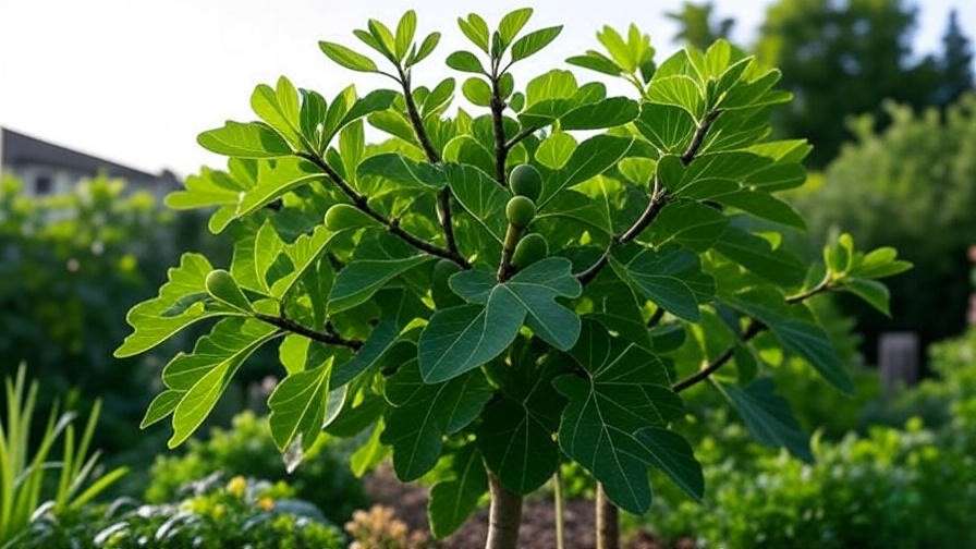Fig tree with pinched growth and fruiting spurs in a lush garden"