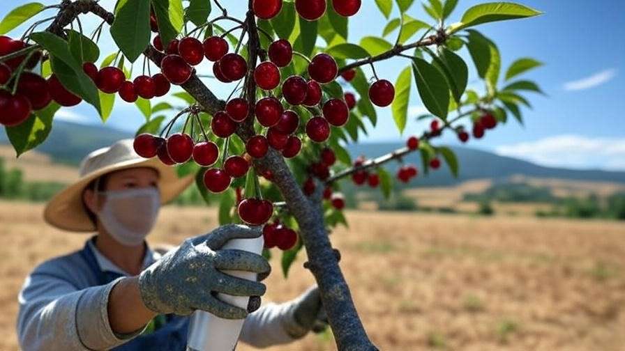 Gardener applying kaolin spray to cherry tree fruit in a hot climate